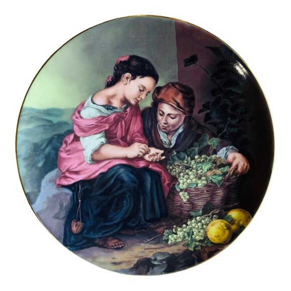 Porcelaine LG Limoges Hand-Painted Decorative Plate With Grapes & Children Scene - Picture 4 of 4